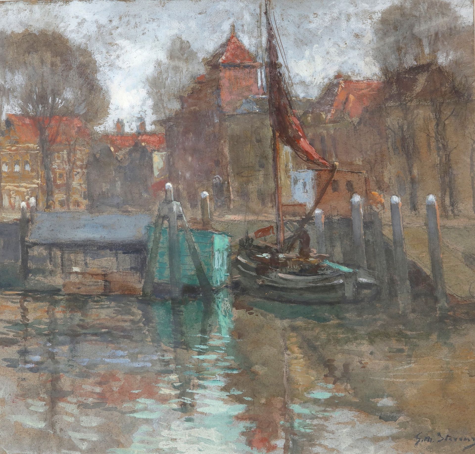 Null 斯特文斯（？），有帆船的海港盆地，粉彩画，38X34