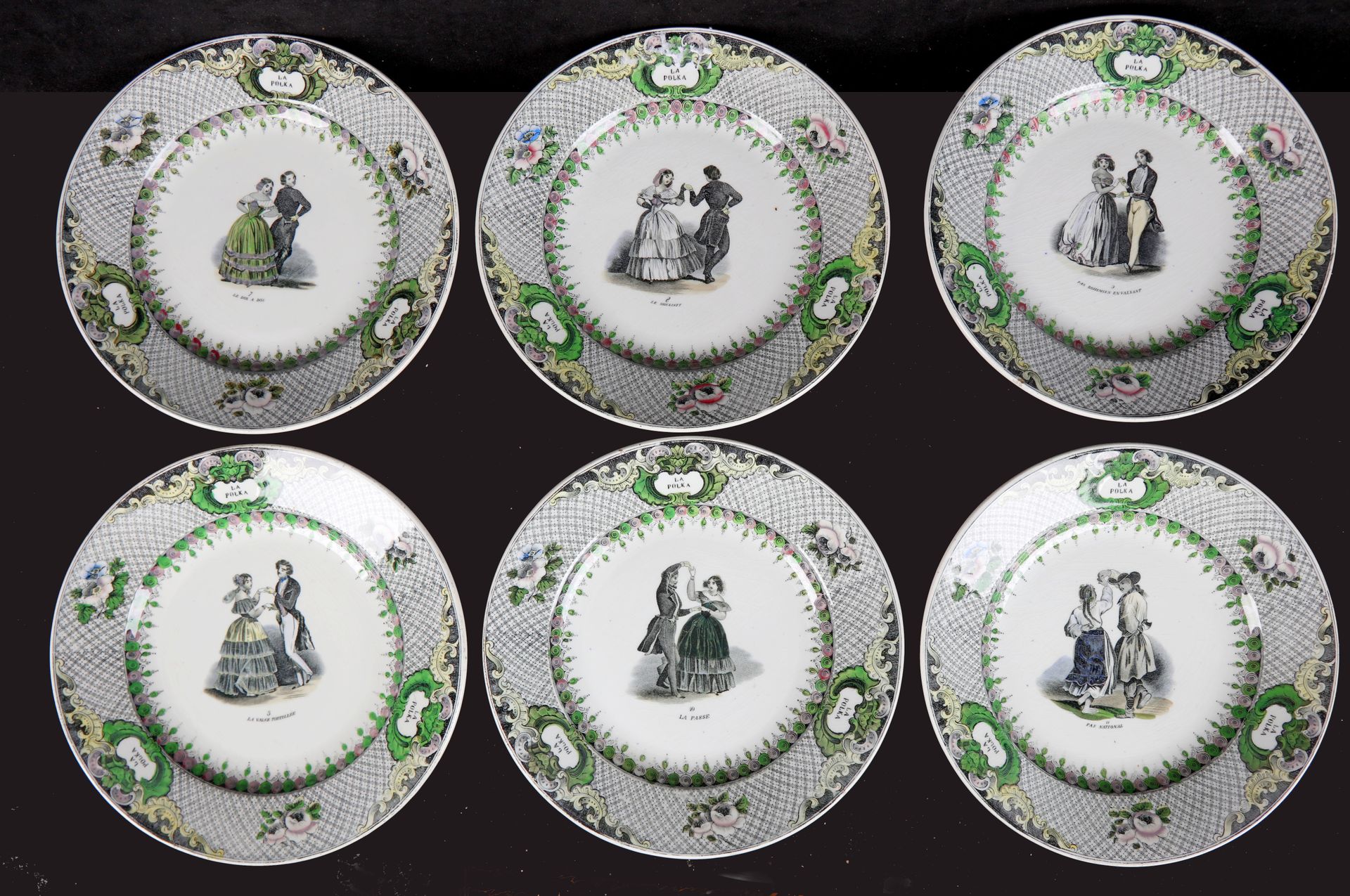 Null CREIL et MONTEREAU, 6 assiettes en faience à décor de "Polka", (70316-82496&hellip;