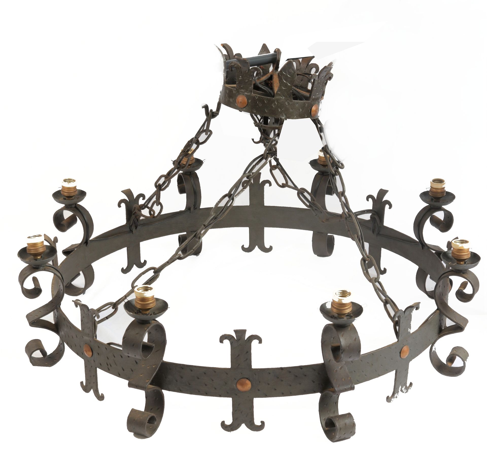 Null Important circular suspension in wrought iron, Romanesque style, 91X63