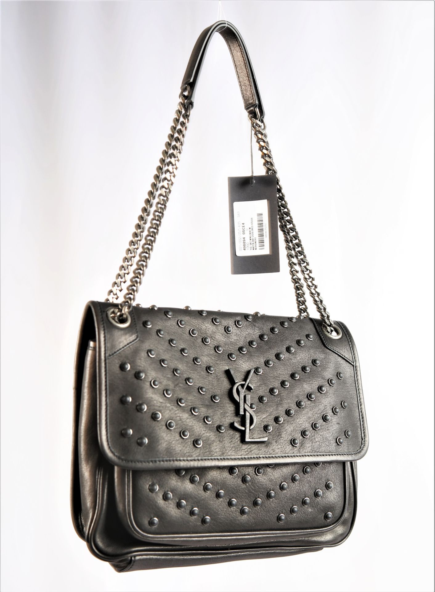 Null Yves Saint-Laurent，"NIKI"，黑色皮包，中型，原型，29X23X17，全新状态，有标签。