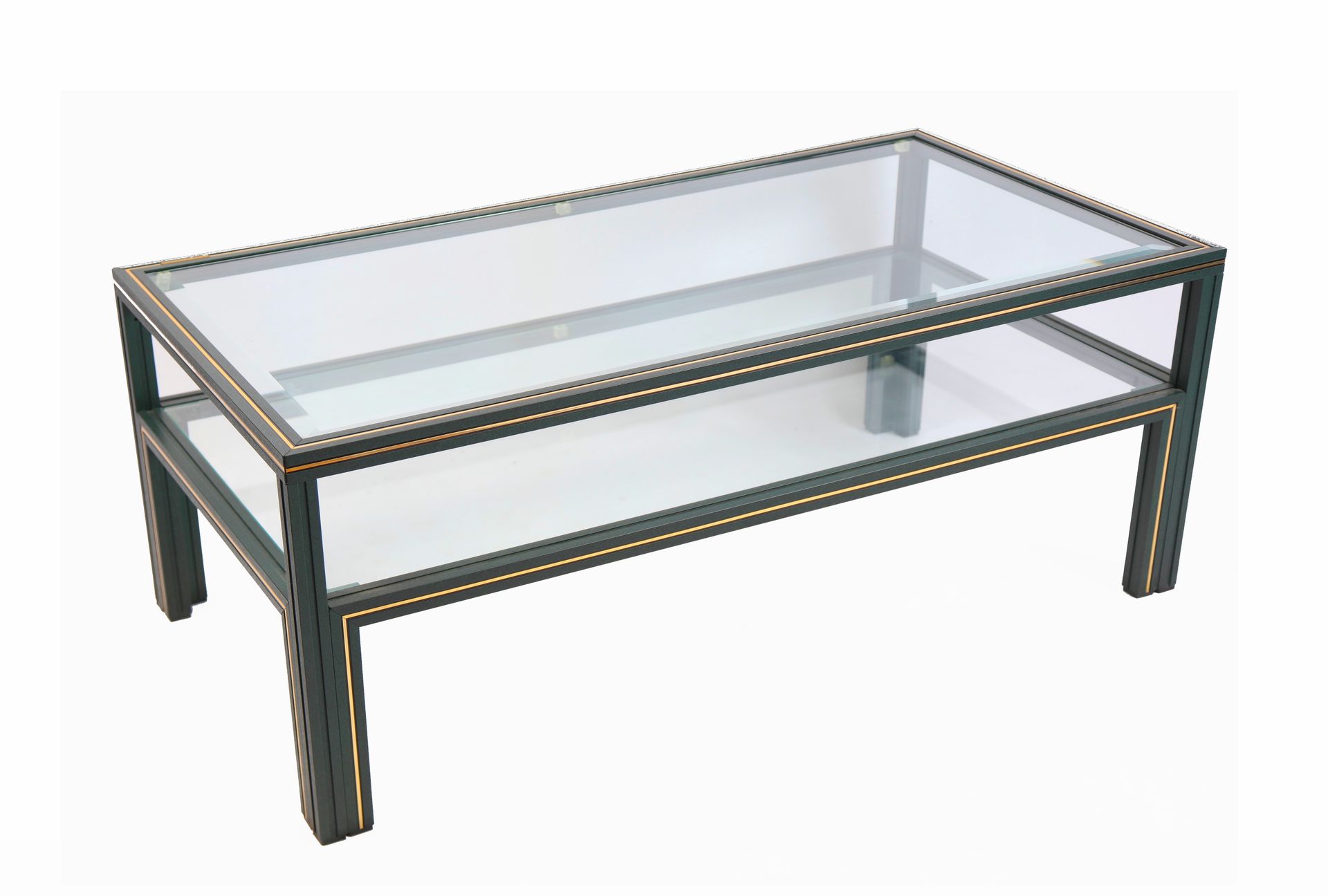 Null 
VANDEL Pierre，咖啡桌，蓝色漆面的铝制结构，两个玻璃桌面和斜角边缘，签名为 "Pierre Vandel"。107X55X40