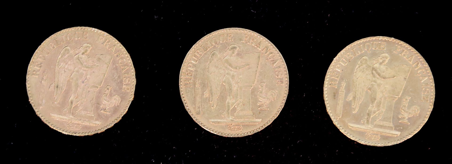 Null Tres monedas de oro de 20 francos, genio francés: 1875-1895-1898