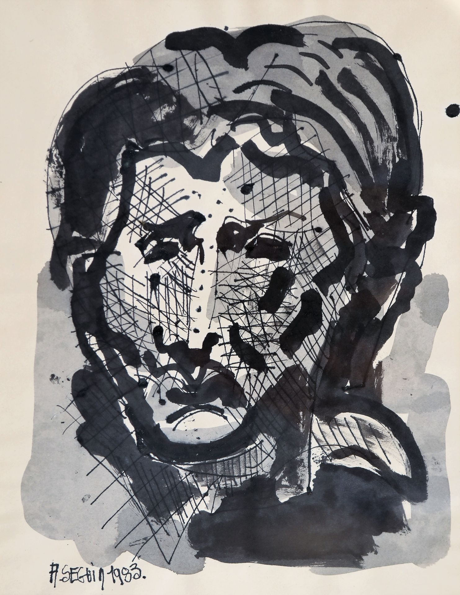 Null SEGUIN Adrien (1926 - 2005), , autoportrait, encre de Chine sur papier, sbg&hellip;