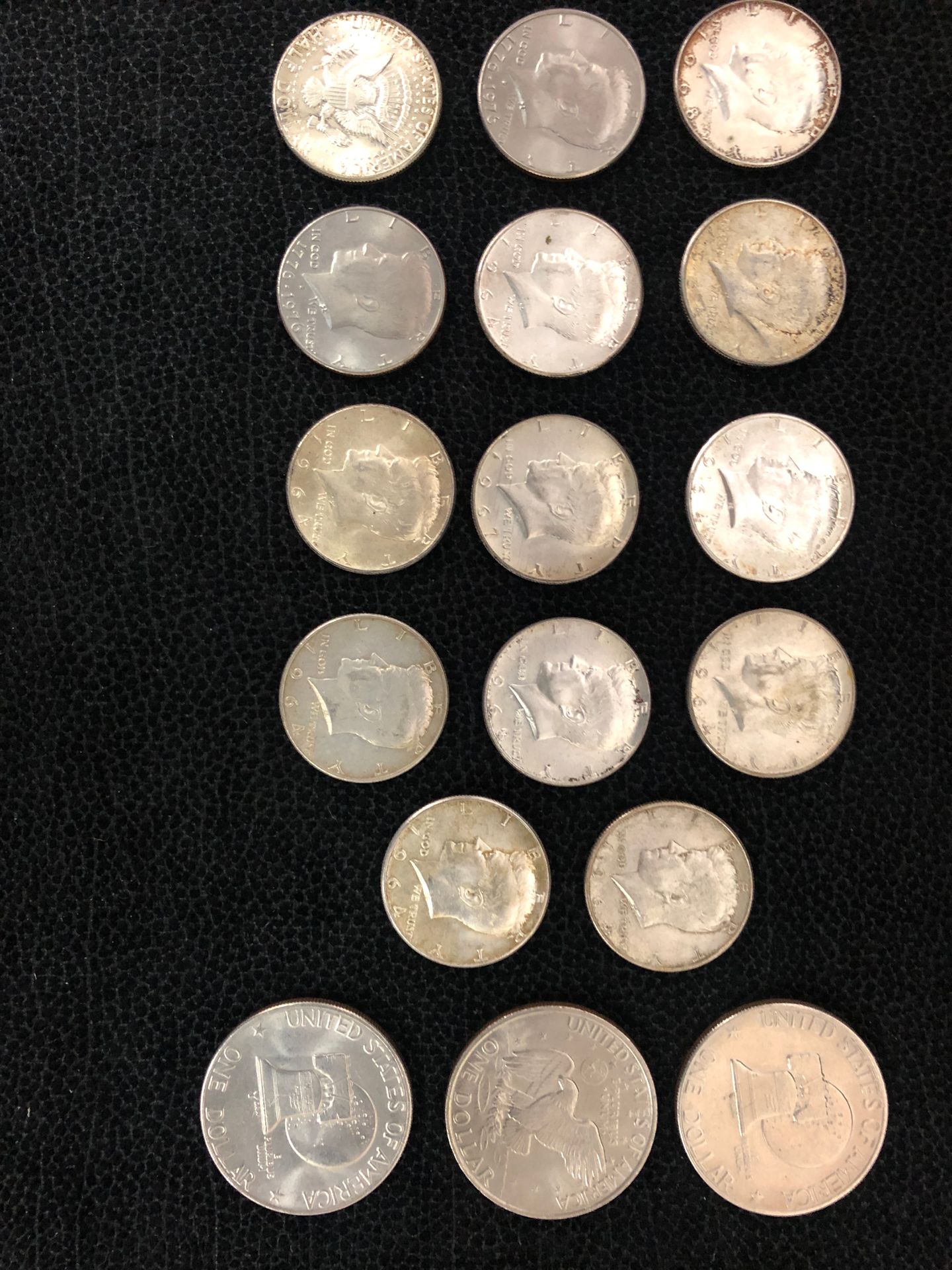 Null 12 pièces de Kennedy,1964, half dollars - 3 pièces Eisenhower "One dollars"