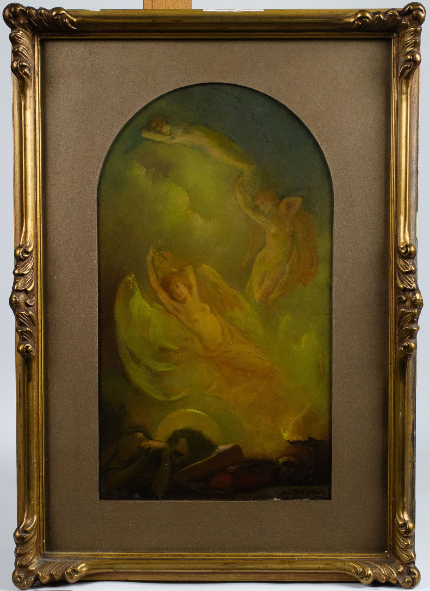 Jan Frans de BOEVER (1872-1949) 题目为 "Le Vitrail"。纸板上的油画，已签名。Le Vitrail"。
35.5 x &hellip;