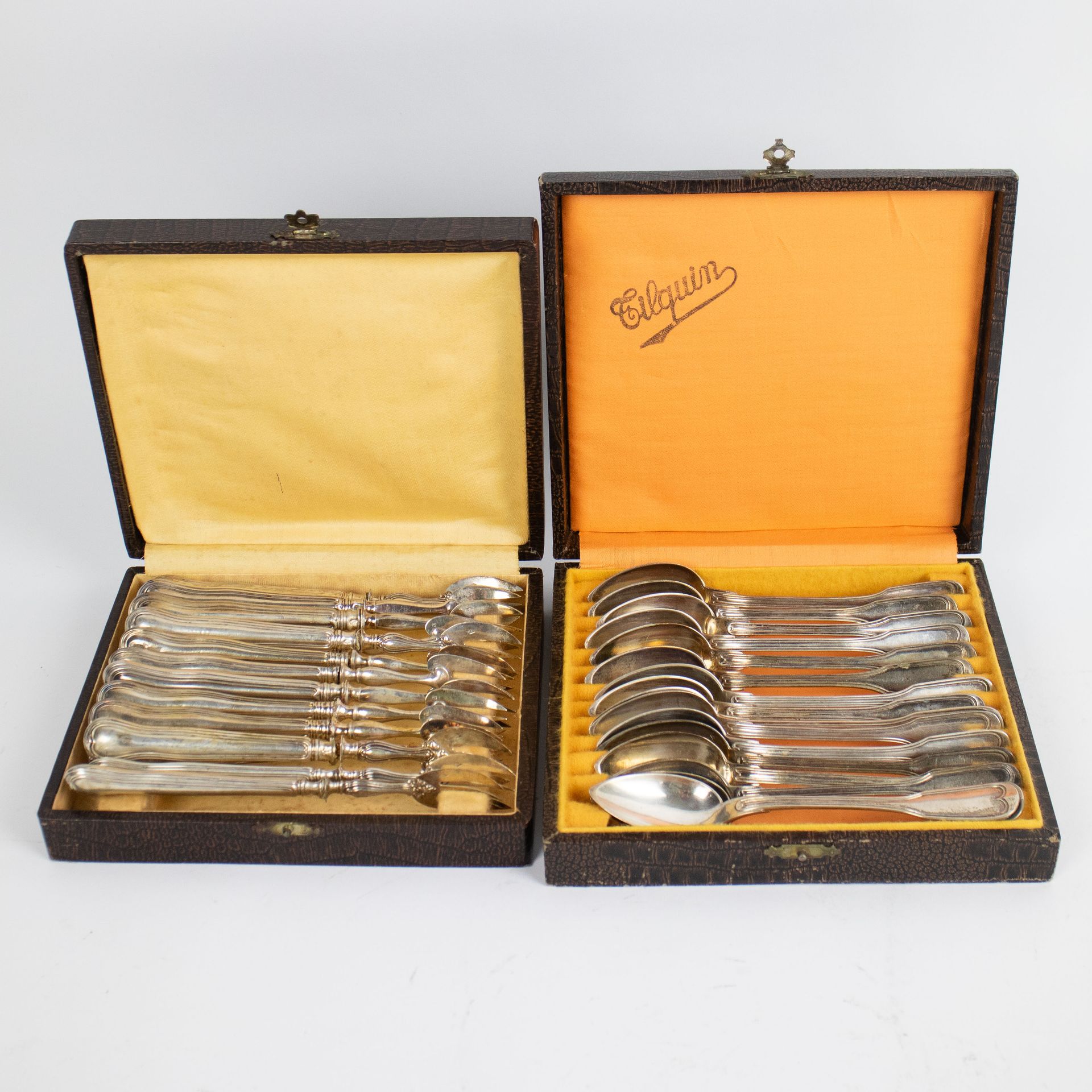 14 forks and 16 spoons Tilquin and a silvered tray with 6 colored glasses 银800，有&hellip;
