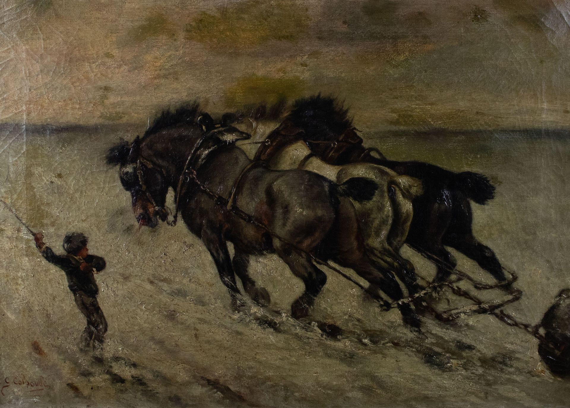 Gustave COLSOULLE (1843-1895) 耕地的马。布面油画，已签名。Ploegende paarden op het land.
51 x &hellip;