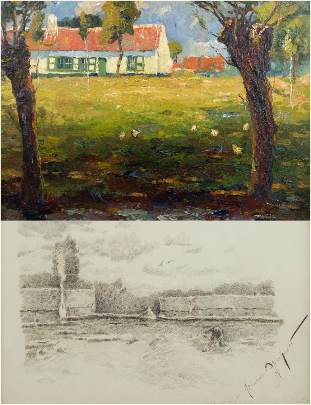 Herman Broeckaert (1878-1930) 布面油画，农舍，已签名。补充：1898年画作《Einde september》的铅笔画，已签名。布面&hellip;