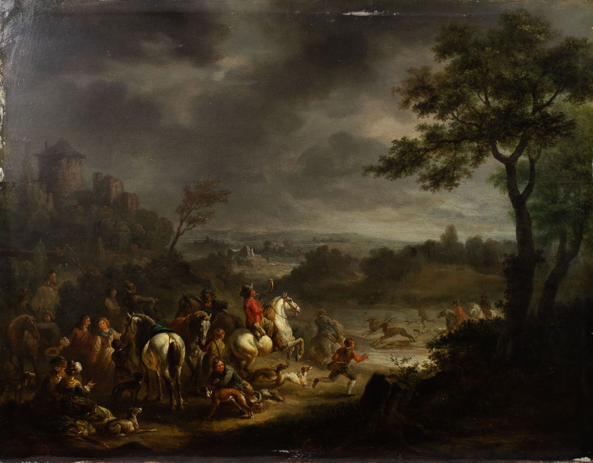 Philips Wouwerman (1619-1668) (environment) 骑兵队。镶板油画，有字样。骑兵队。
44 x 58 cm