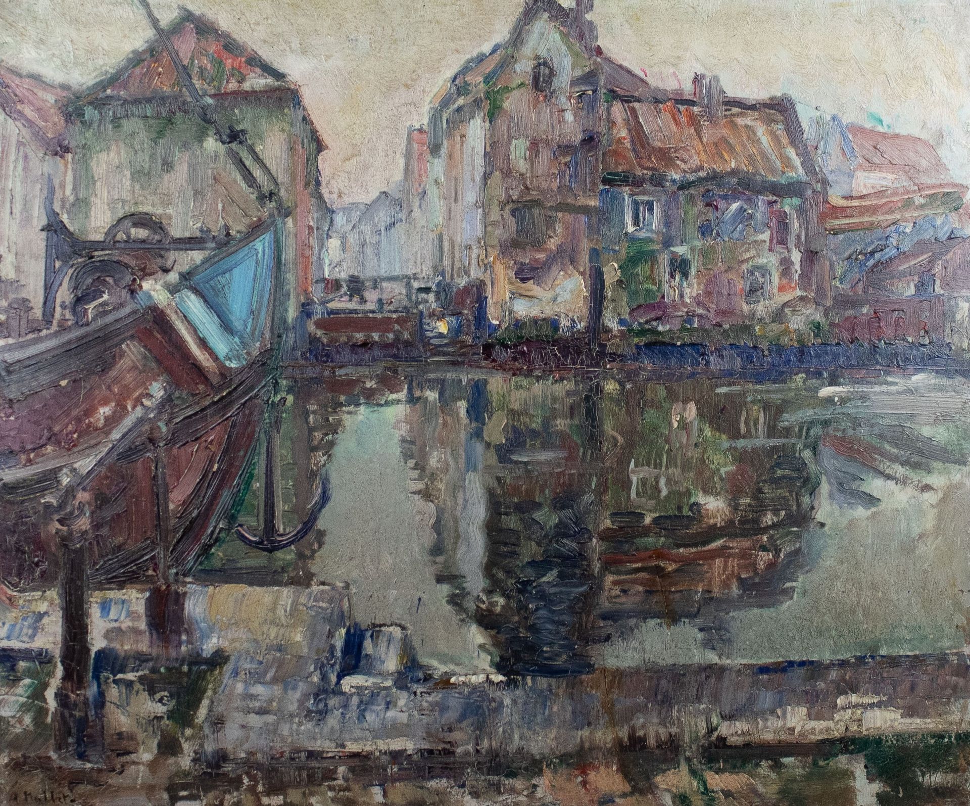 André HALLET (1890-1959) Maisons au bord de l'eau. Huile sur panneau dur, signée&hellip;