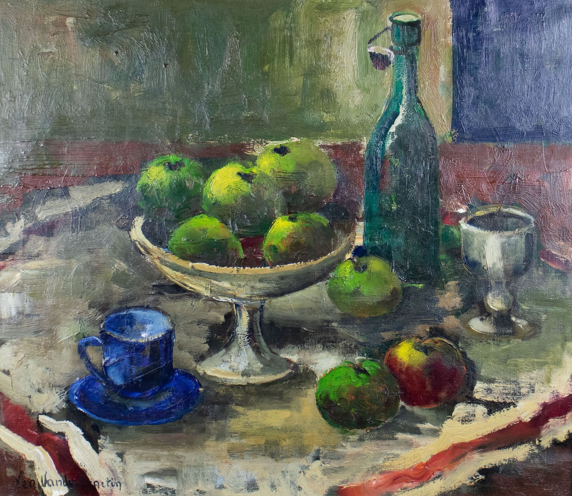 Lea VANDERSTRAETEN (1929) 有苹果的静物。布面油画，已签名。静物与苹果。
60 x 70 cm
