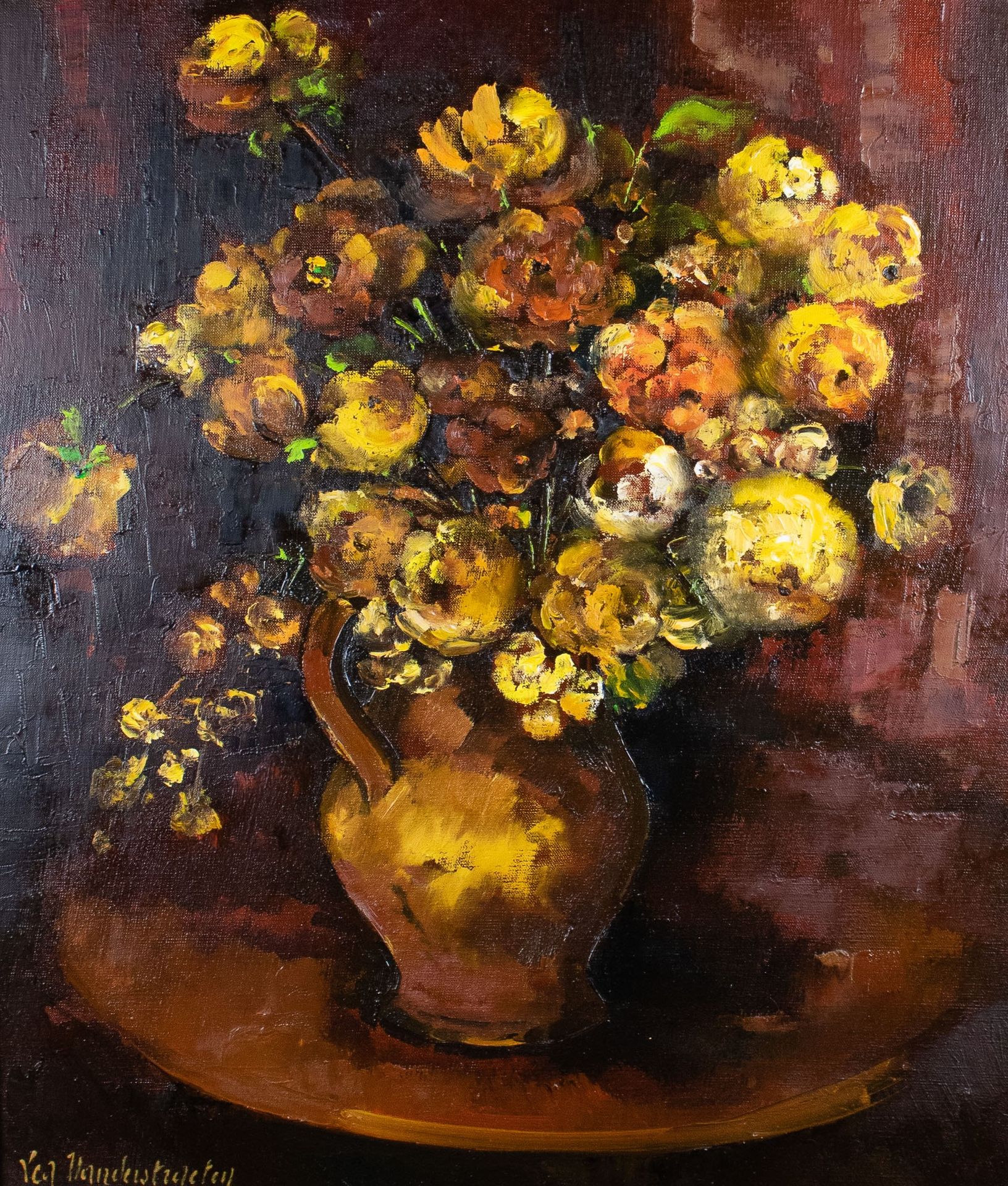Lea VANDERSTRAETEN (1929) 有花的静物。布面油画，有签名。鲜花的静物。
70 x 60 cm