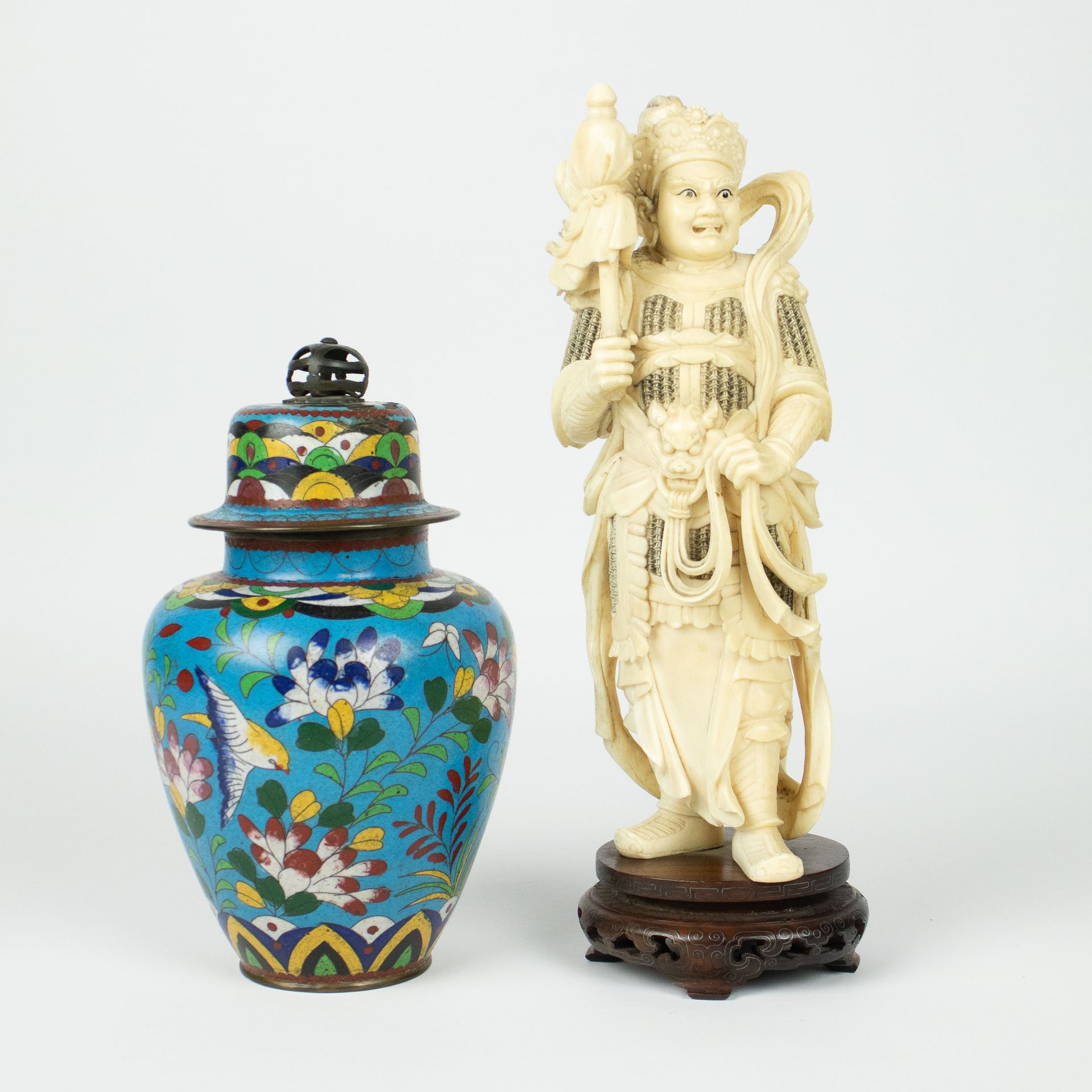 Ivory figure possibly depicting Ehr Lang Shen + cloisonné lidded vase 玉皇大帝的侄子二郎神&hellip;