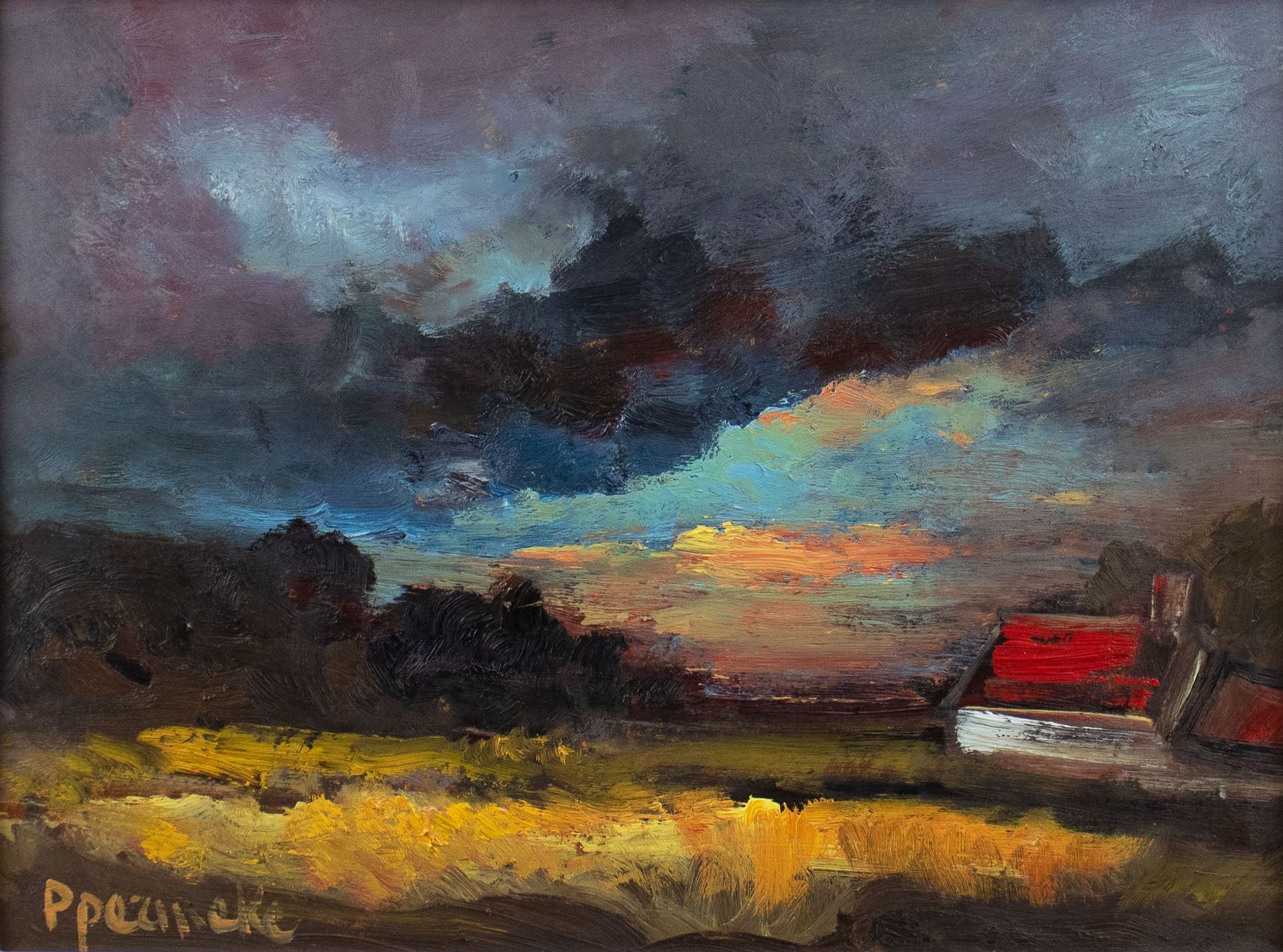 Paul PERMEKE (1918-1990) 景观。硬纸板上的油画，已签名。Landschap onder dreigende wolken.
29.5 x&hellip;