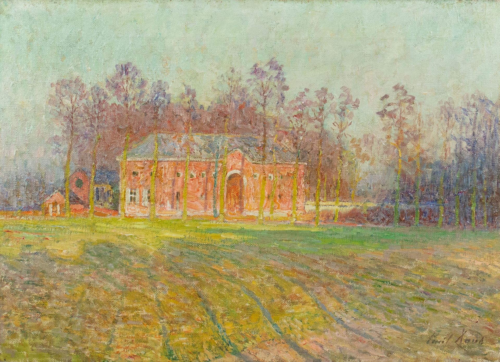 Emile Claus (1849-1924) Ooidonk的城堡农场。布面油画，有签名。Olie op doek, Ooidonk.
43 x 59 cm