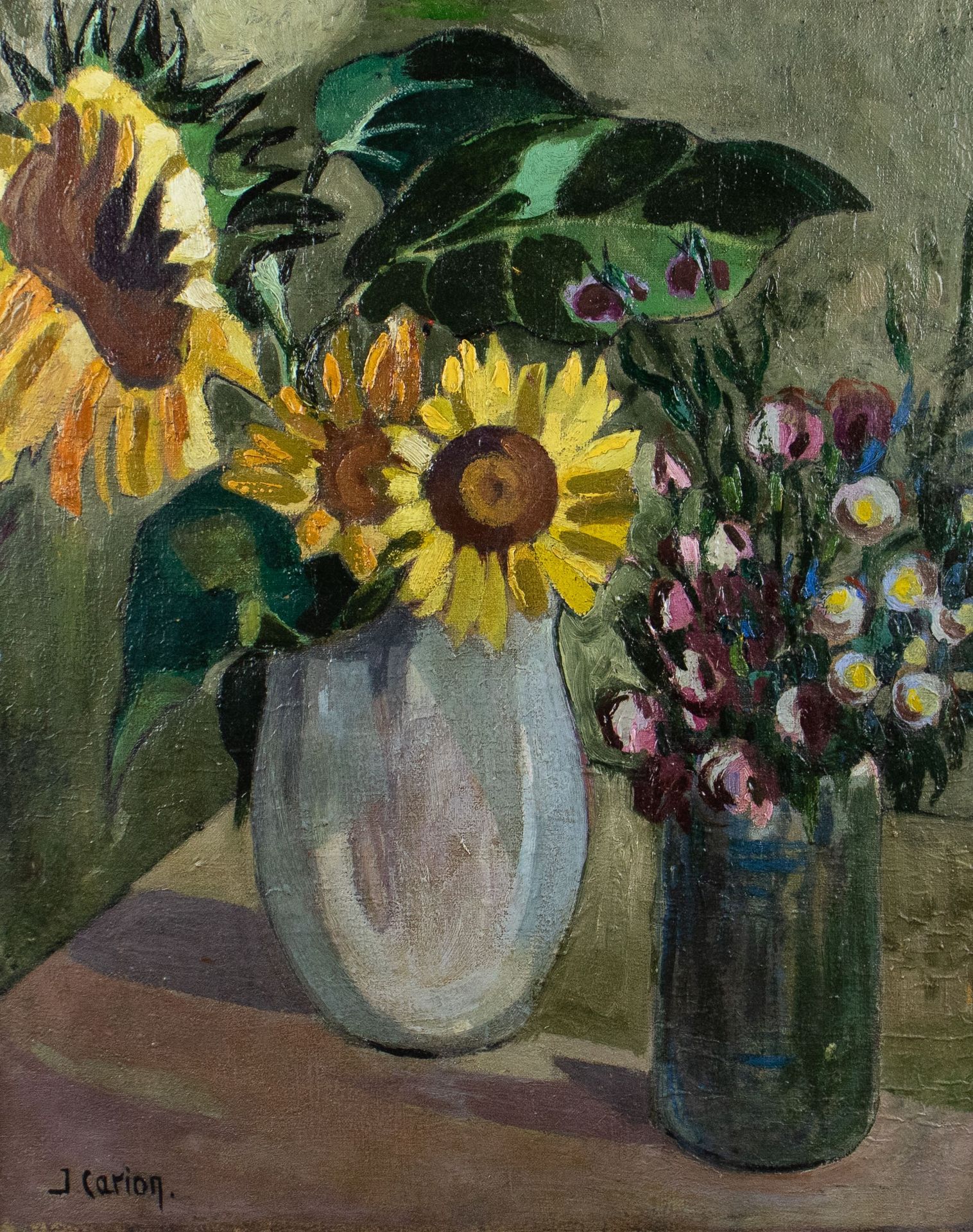 Jane CARION (1892-1945) Still life with sunflowers.Oil on canvas, signed.Stillev&hellip;