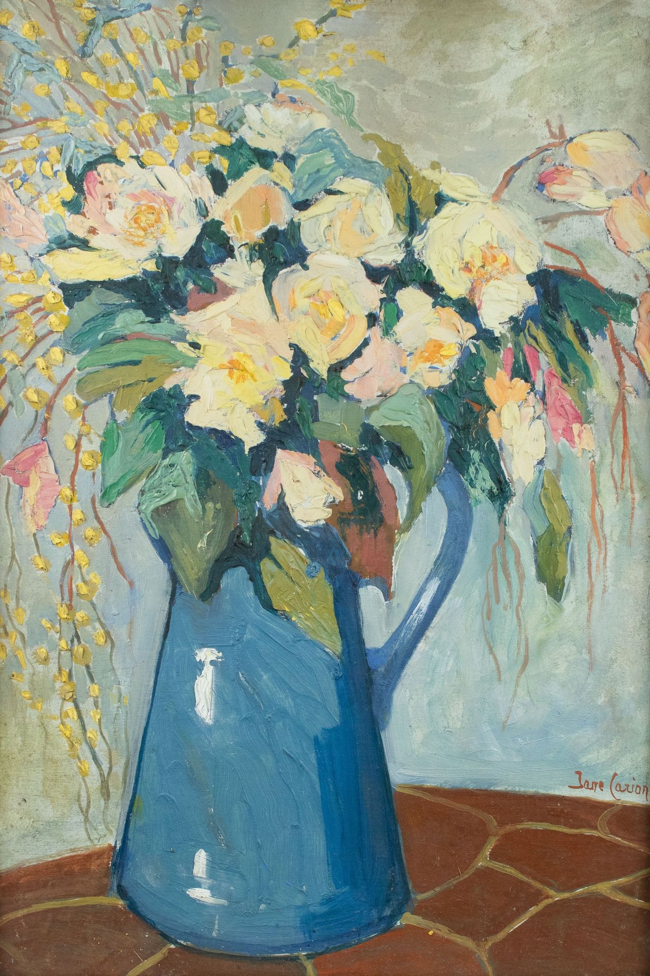 Jane CARION (1892-1945) Olio su tavola rigida, firmato.'Fleurs dans la case lele&hellip;