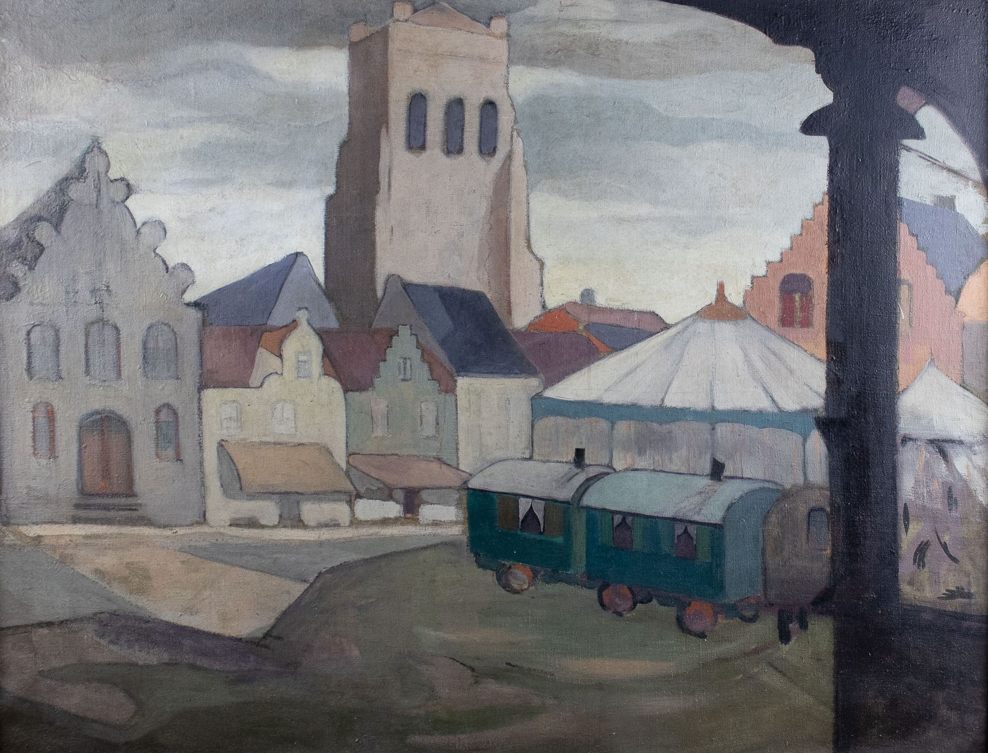 Jane CARION (1892-1945) Intitulé 'La place à Firnes'.Huile sur toile, datée de 1&hellip;