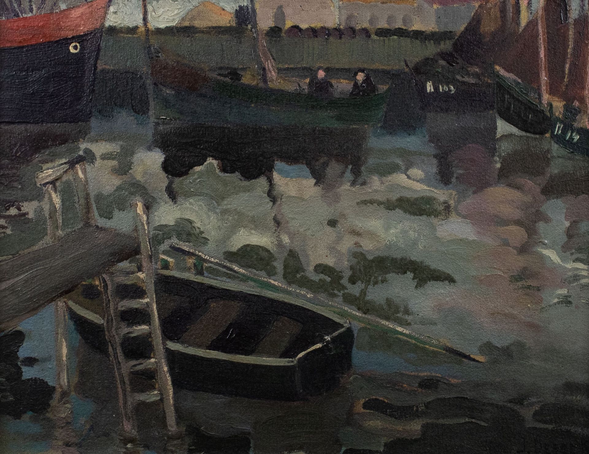 Jane CARION (1892-1945) Titled 'Visserboten haven'.Oil on canvas, signed Deseck.&hellip;