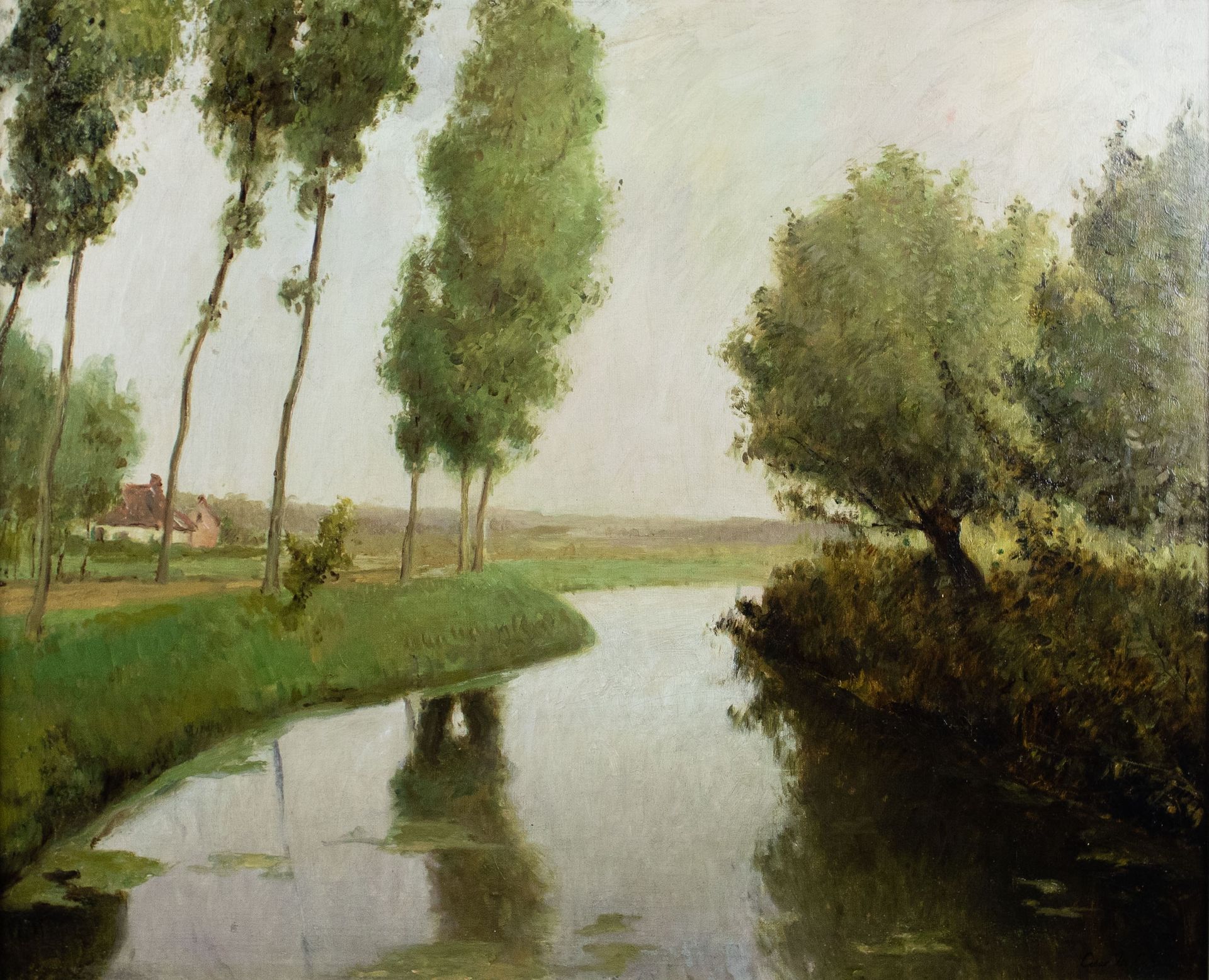 César de COCK (1823-1904) Vista del fiume Lys.Olio su tela, firmato.Leiezicht.Ol&hellip;