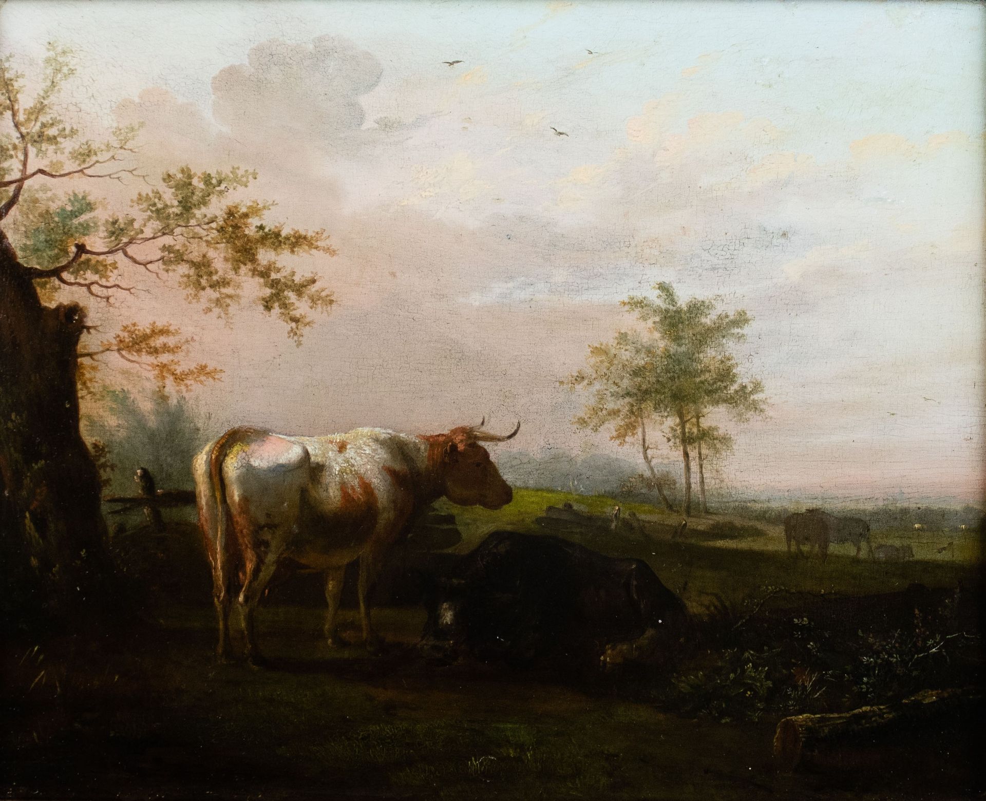 EUROPEAN SCHOOL 19th CENTURY Cows in the meadow.Oil on panel, not signed.Koeien &hellip;