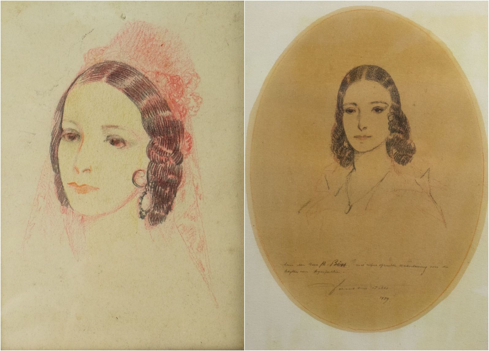 Karel VAN BELLE (1884-1959) 2 drawings Ladies head, 1 signed and dated 1939.2 te&hellip;