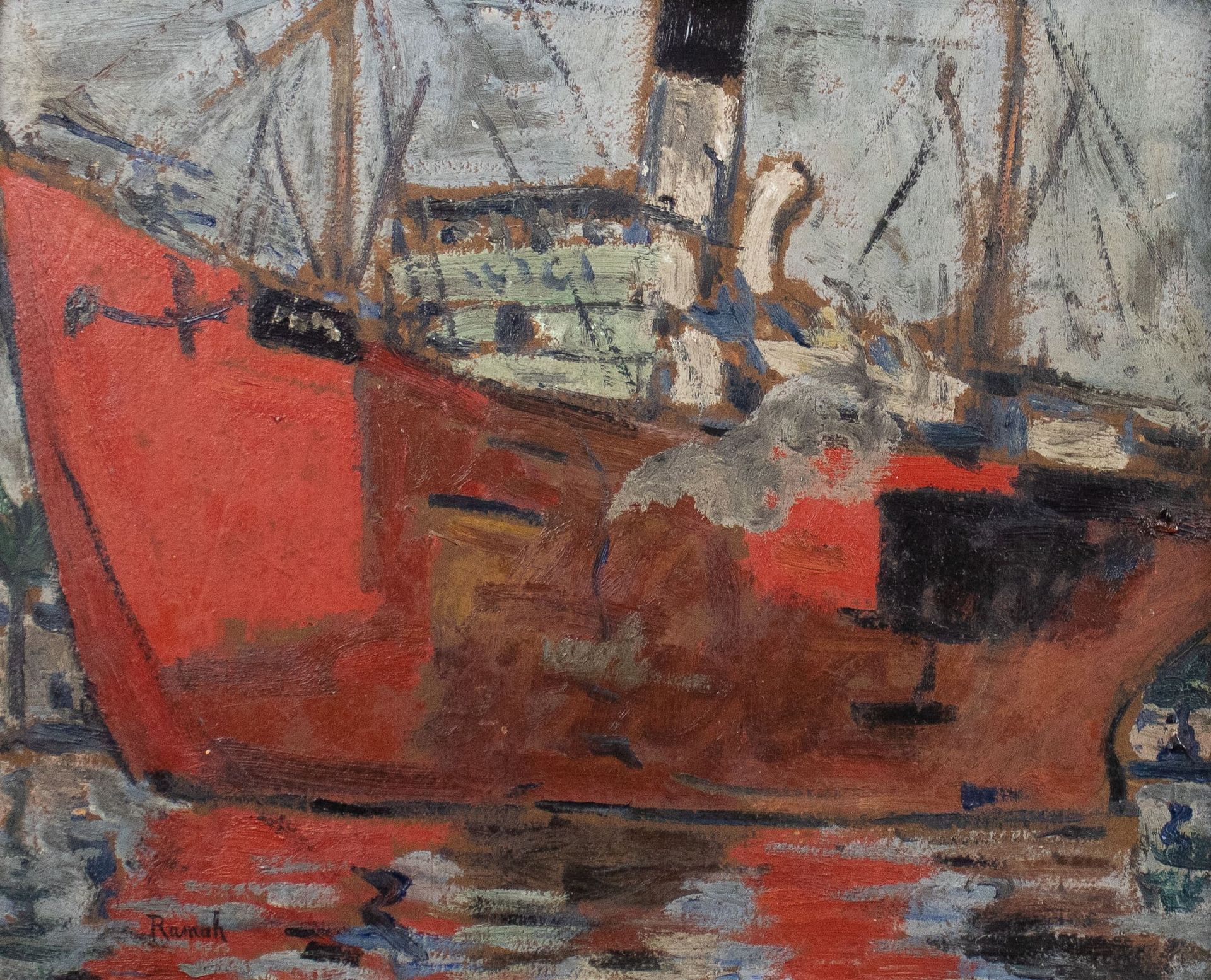 RAMAH El barco rojo.Óleo sobre cartón, firmado.Het rode schip.Olie op hardboard,&hellip;