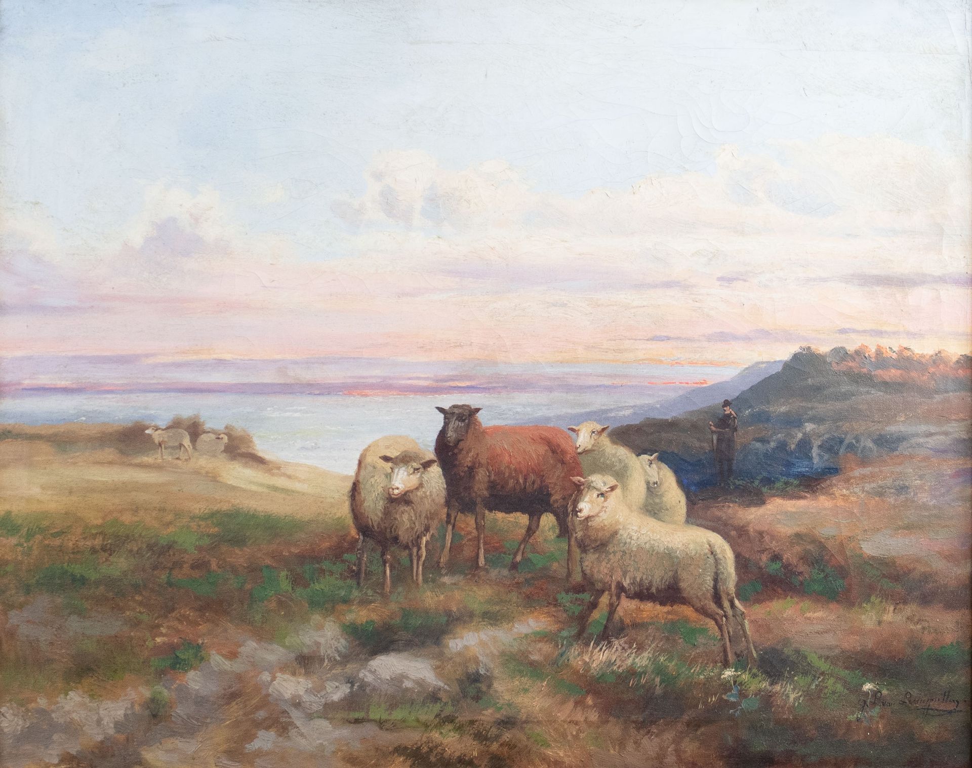 Jef Louis VAN LEEMPUTTEN (1865-1948) 草地上的羊群。布面油画，签名。Schapen in de weide.Olie op &hellip;