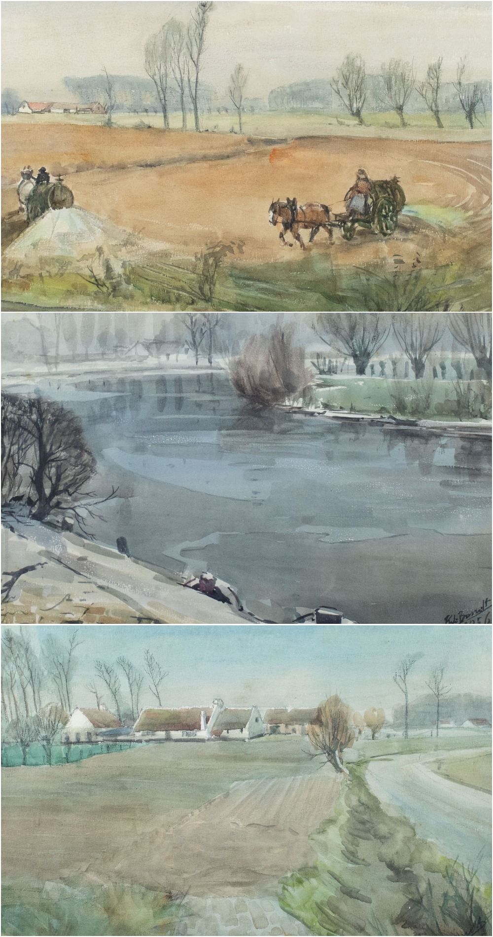 Karel DE BONDT (1888-1973) 3幅水彩画，有签名和日期，1956年。3幅水彩画，有签名和日期，1956年。
37.5 x 47.5 cm