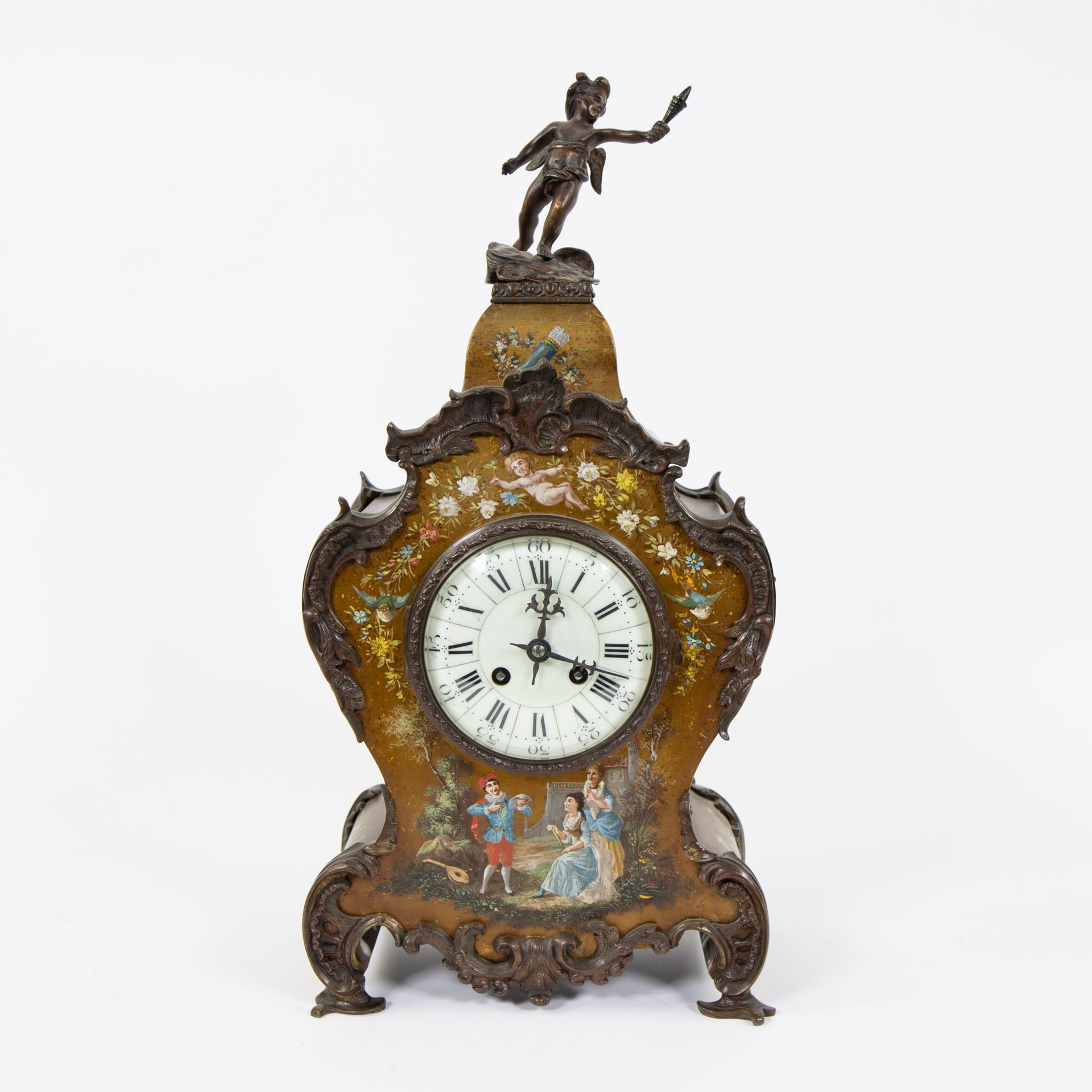 Null Nineteenth century French mantel clock painted with a romantic scene, cheru&hellip;