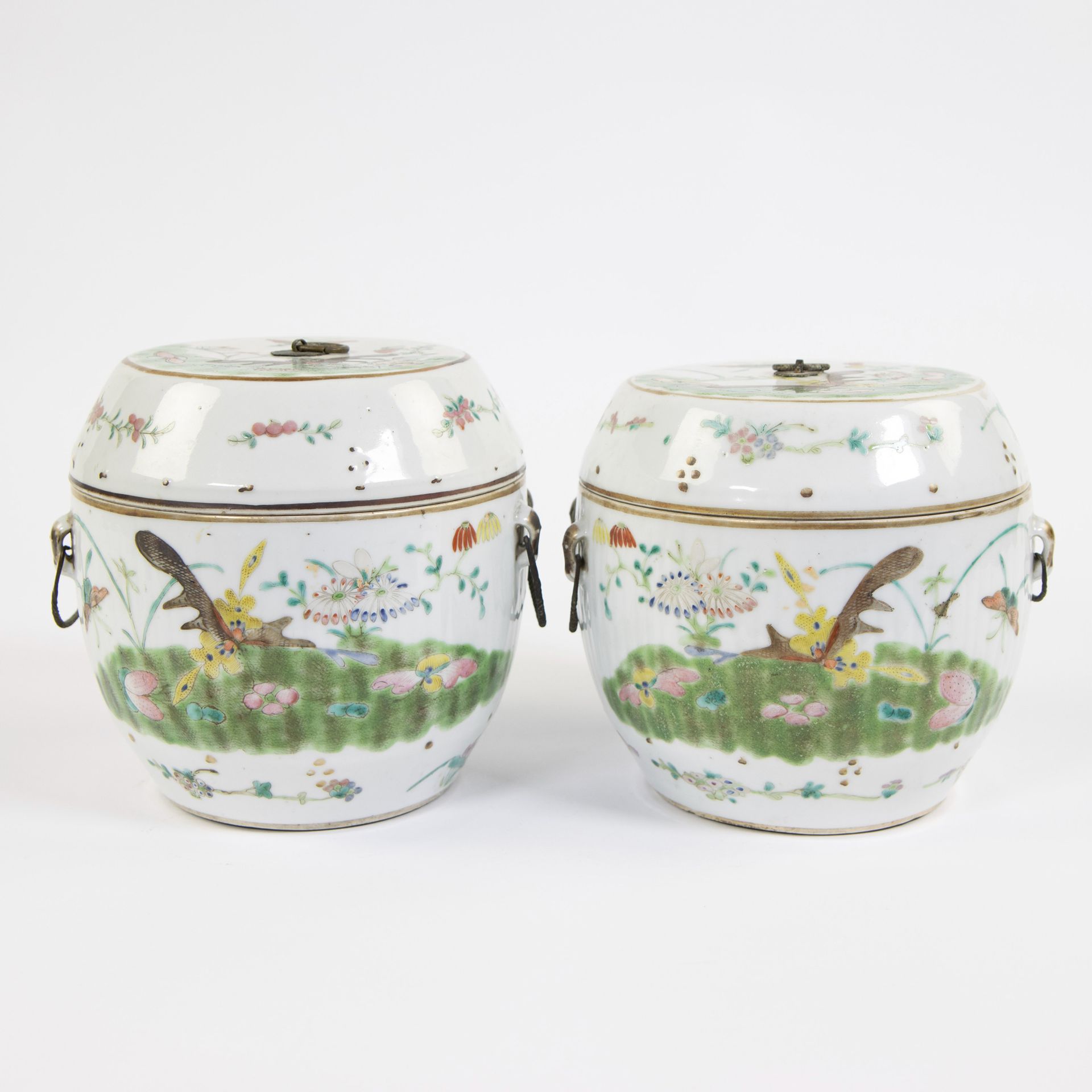 Null Pair of Chinese famille verte lidded jars decorated with butterflies, 18th &hellip;