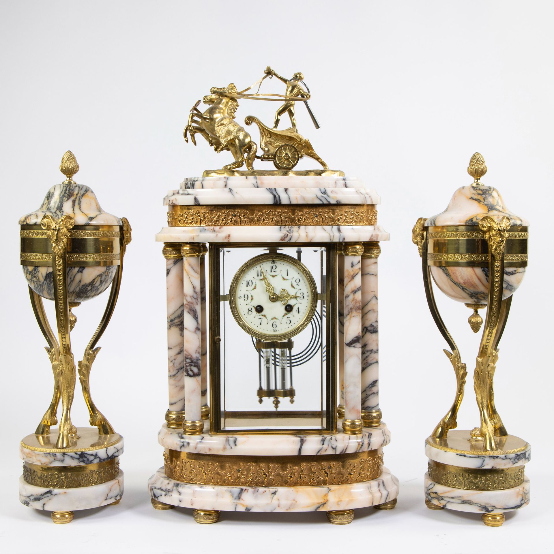 Null French marble clock garniture decorated with fire-gilt effigy of a Roman ch&hellip;