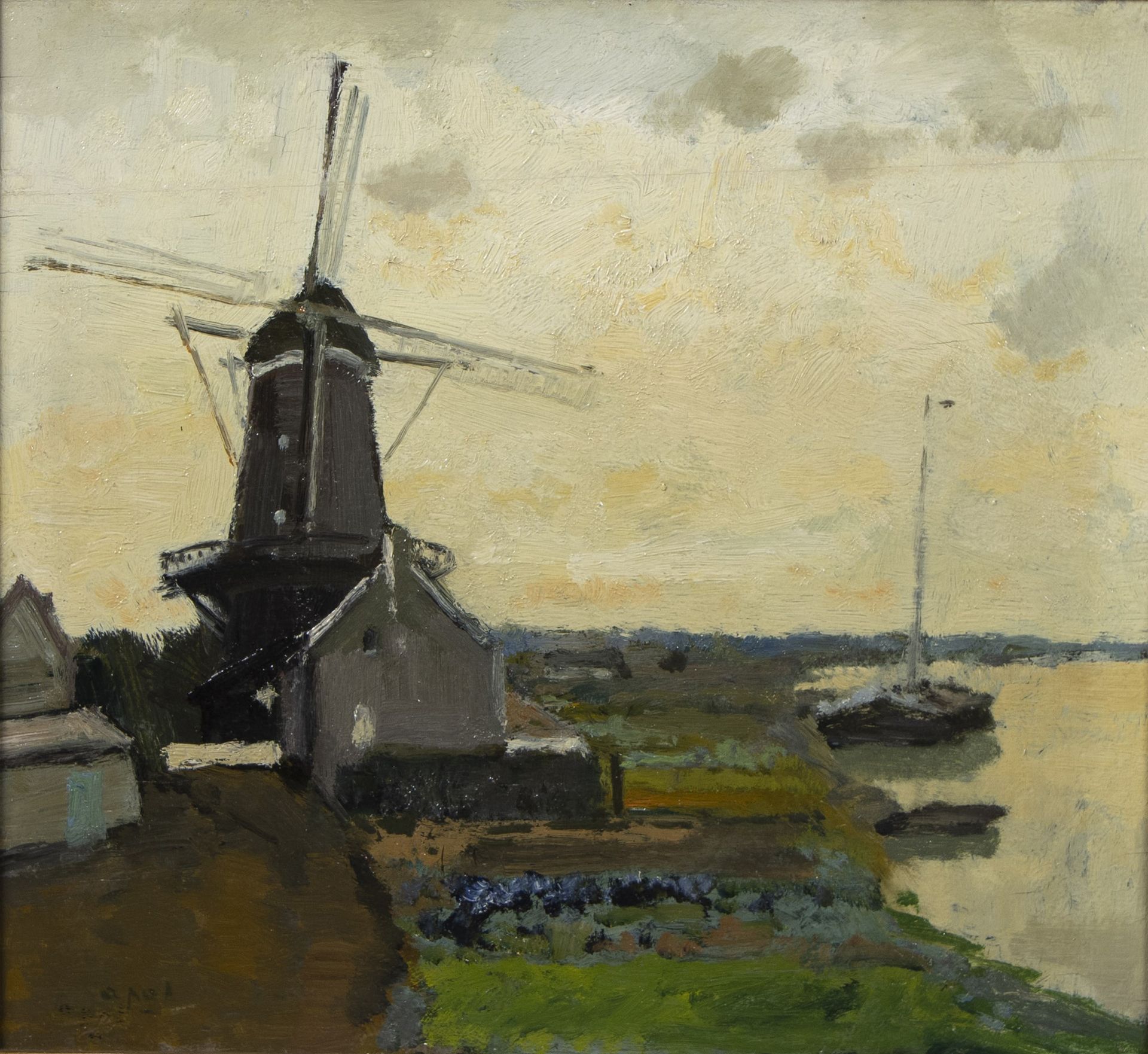 Louis APOL (1850-1936) Louis APOL (1850-1936)
板上油画 河上的风车，荷兰学校，签名。

Olie op panee&hellip;