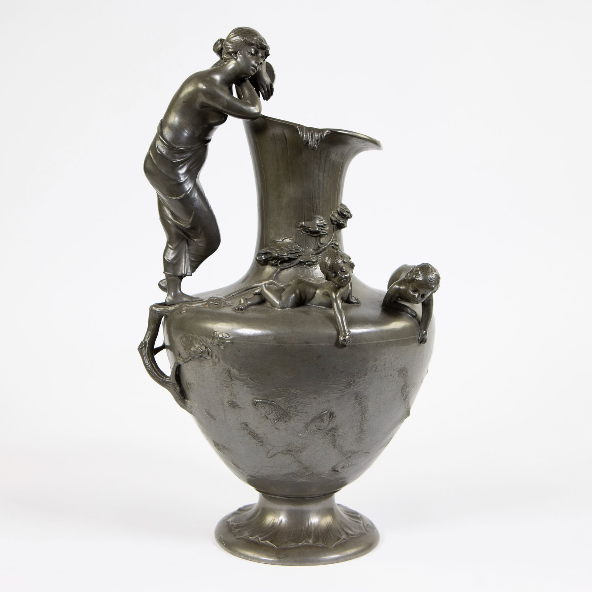 Null Pewter jug decorated with a dreaming girl and splened children, signed More&hellip;