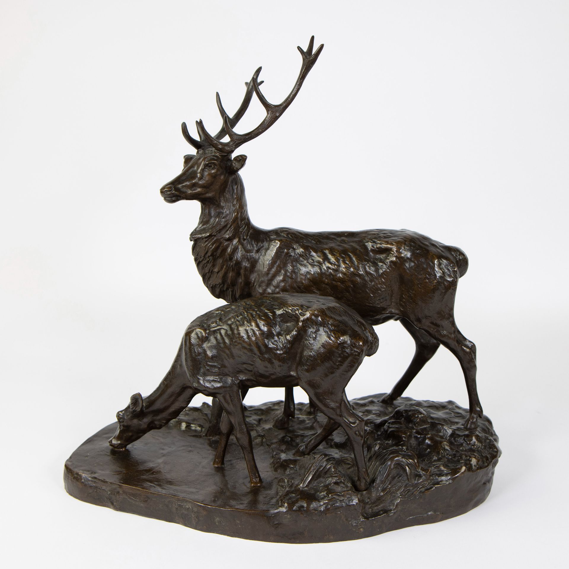 Null 尤金-德-拉普朗什(XIX)
鹿和鹿的青铜雕塑，署名La Planche。

铜雕鹿和鹿，署名La Planche。
44 x 43 x 23厘米