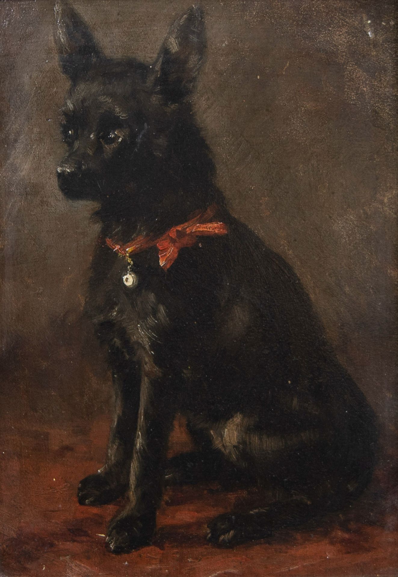 Null Oil on panel, Sitting dog with red ribbon and medallion, illegibly signed 1&hellip;