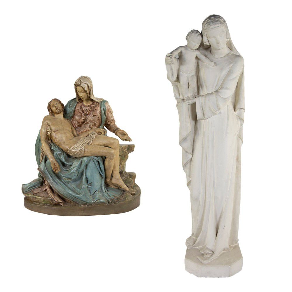 Null A polychrome terracotta statue of Mary and Jesus, signed and a plaster stat&hellip;