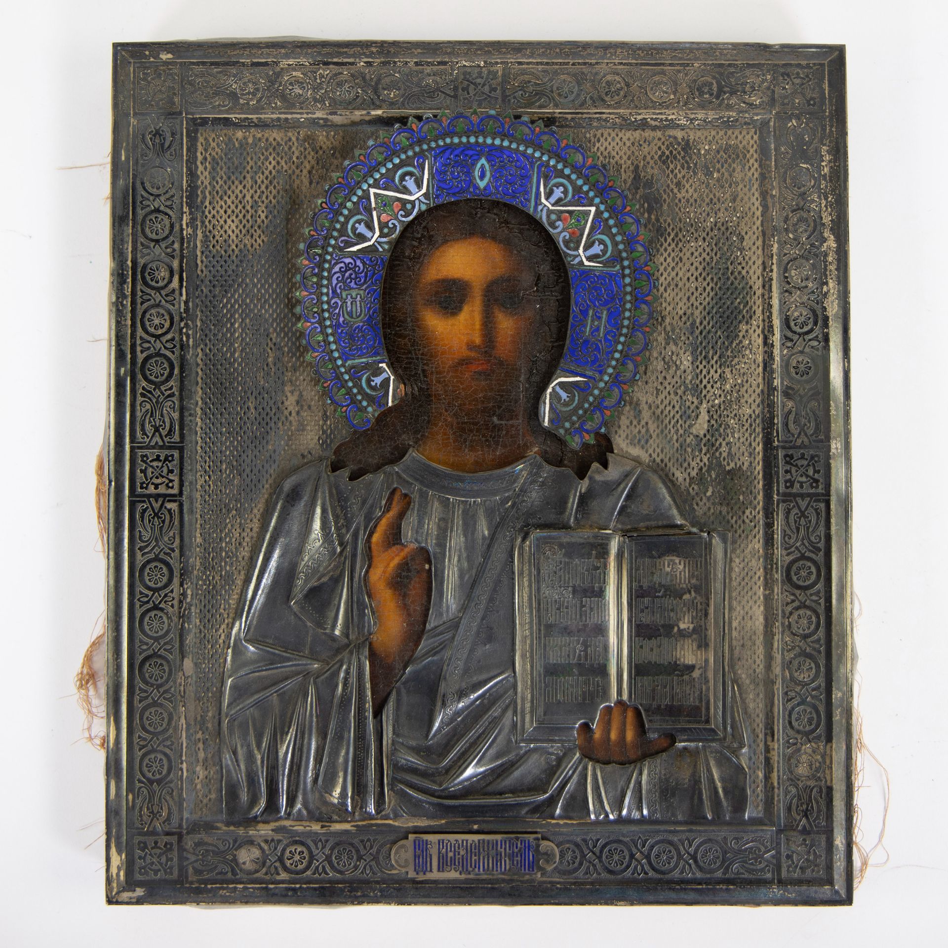Null Orthodoxe Ikone Christus Pantokrator mit Silber Riza mit Emaille Silber 895&hellip;