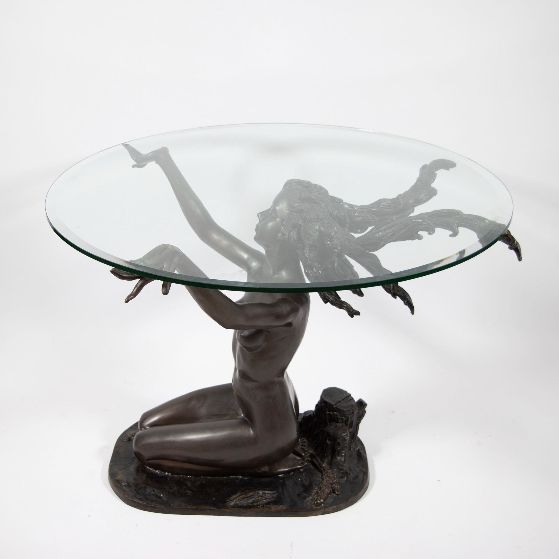 Null Vintage table with cut glass top carried by a seated nude, signed J Moignie&hellip;