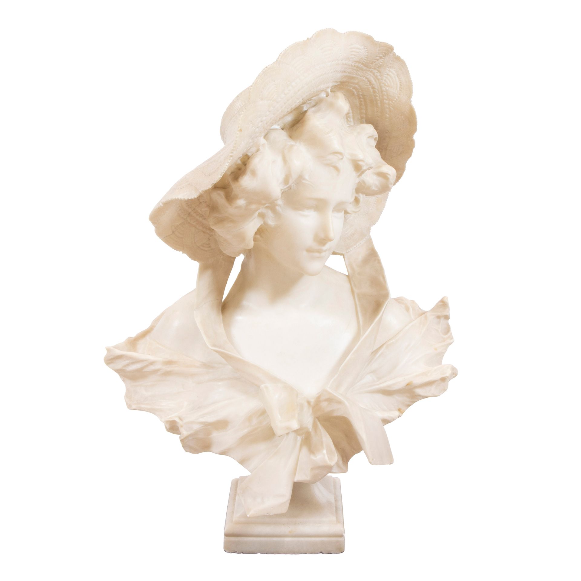 Null G. POCHINI (XIX), sculpture en albâtre d'une jeune femme avec chapeau, sign&hellip;