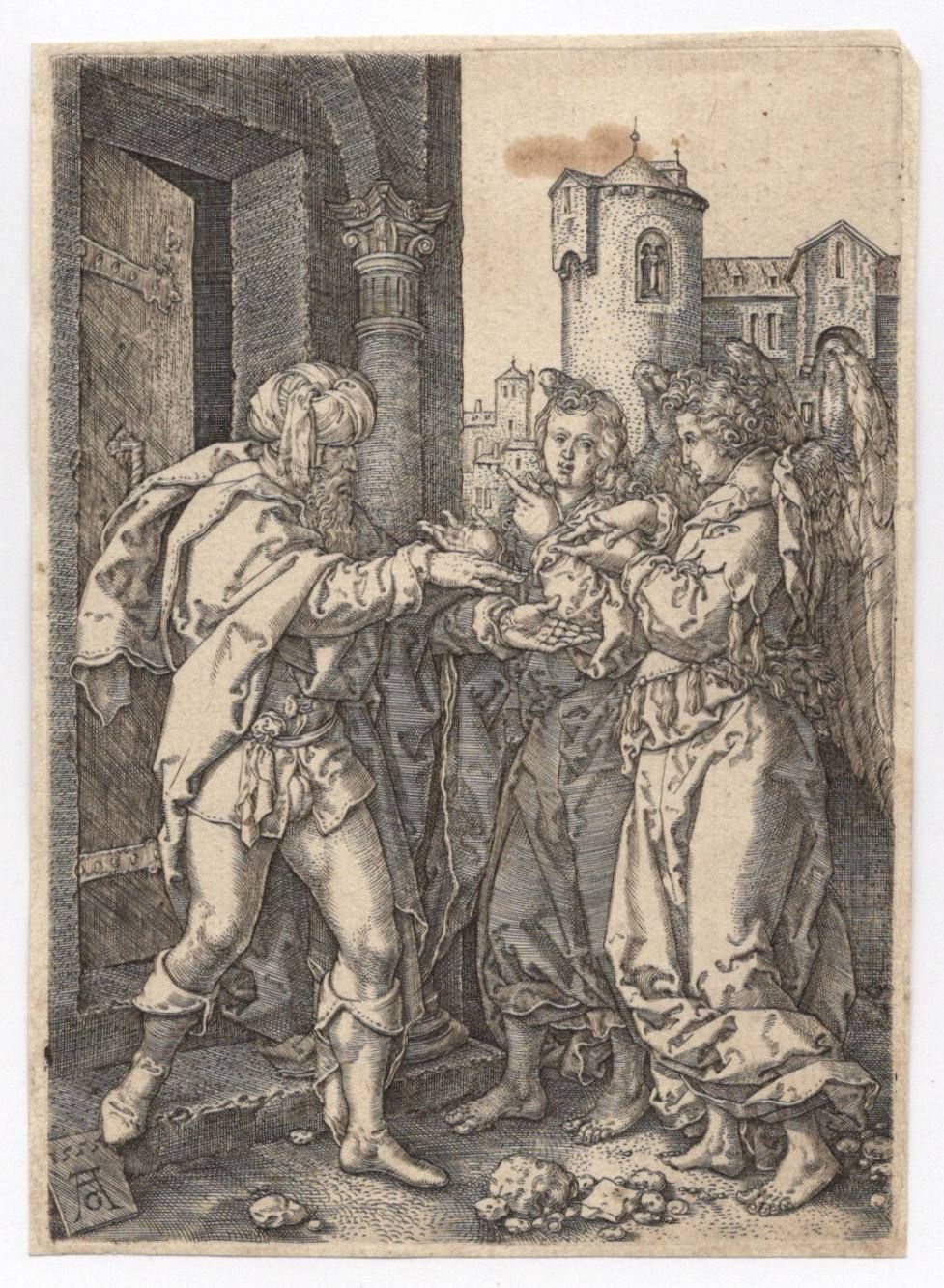 Heinrich Aldegrever (1502-?) 乐途欢迎天使/乐途欢迎天使的到来
1555
纸上铜版画，出自一套四张的《罗得的故事》。8,5 x 11&hellip;