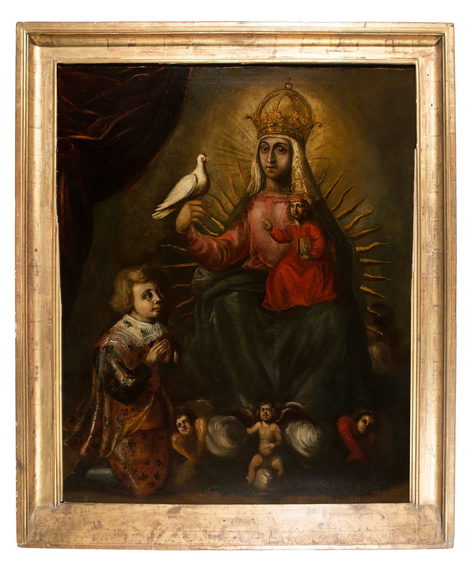 Colonial School. Mexico or Peru. 17th -18th century. 
"圣母与智利和捐赠者"

布面油画。128 x 10&hellip;