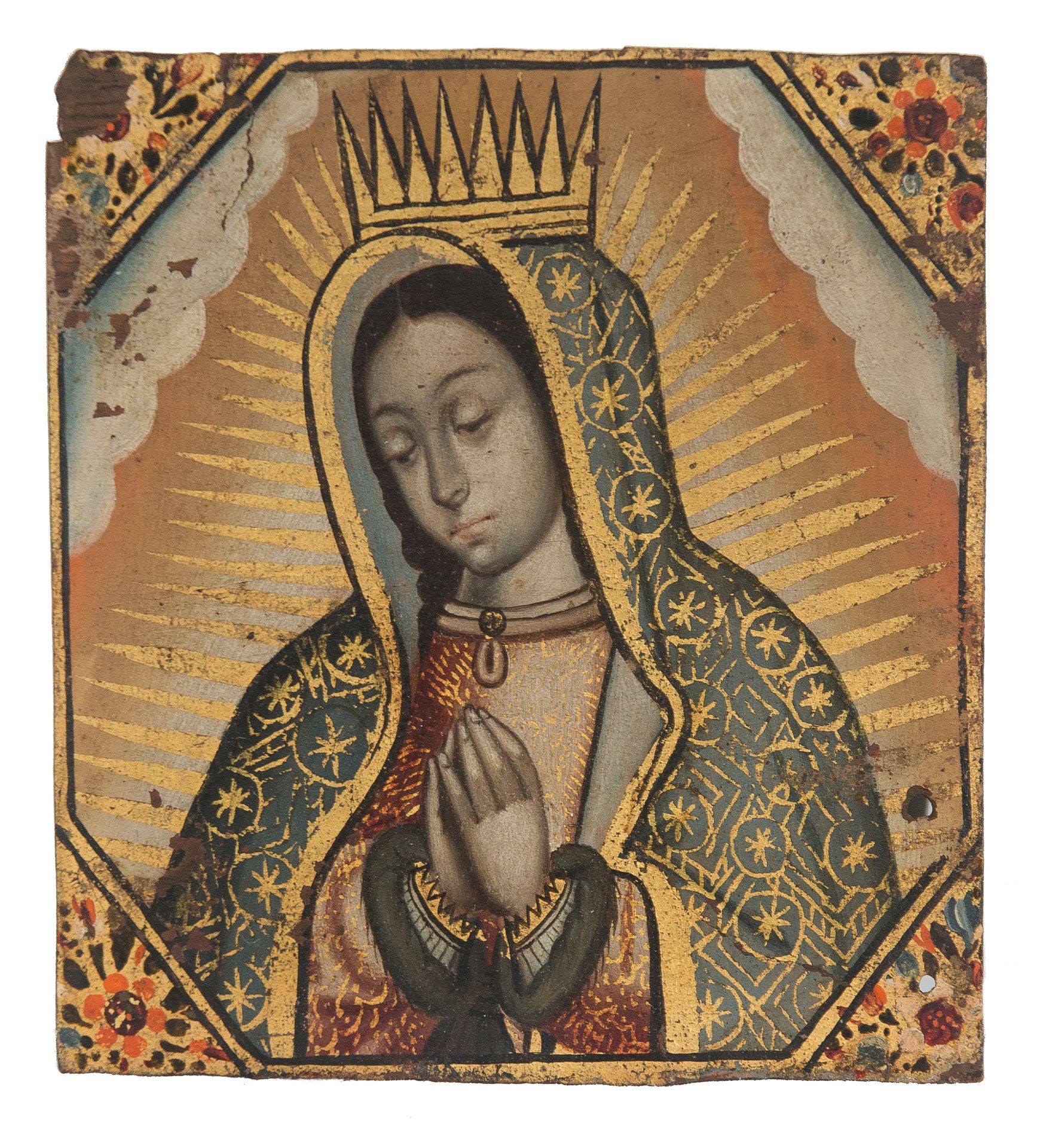 Colonial School. Mexico or Peru. 18th century. 
"瓜达卢佩的圣母"

铜上的油画和金箔。 

10 x 9厘米。