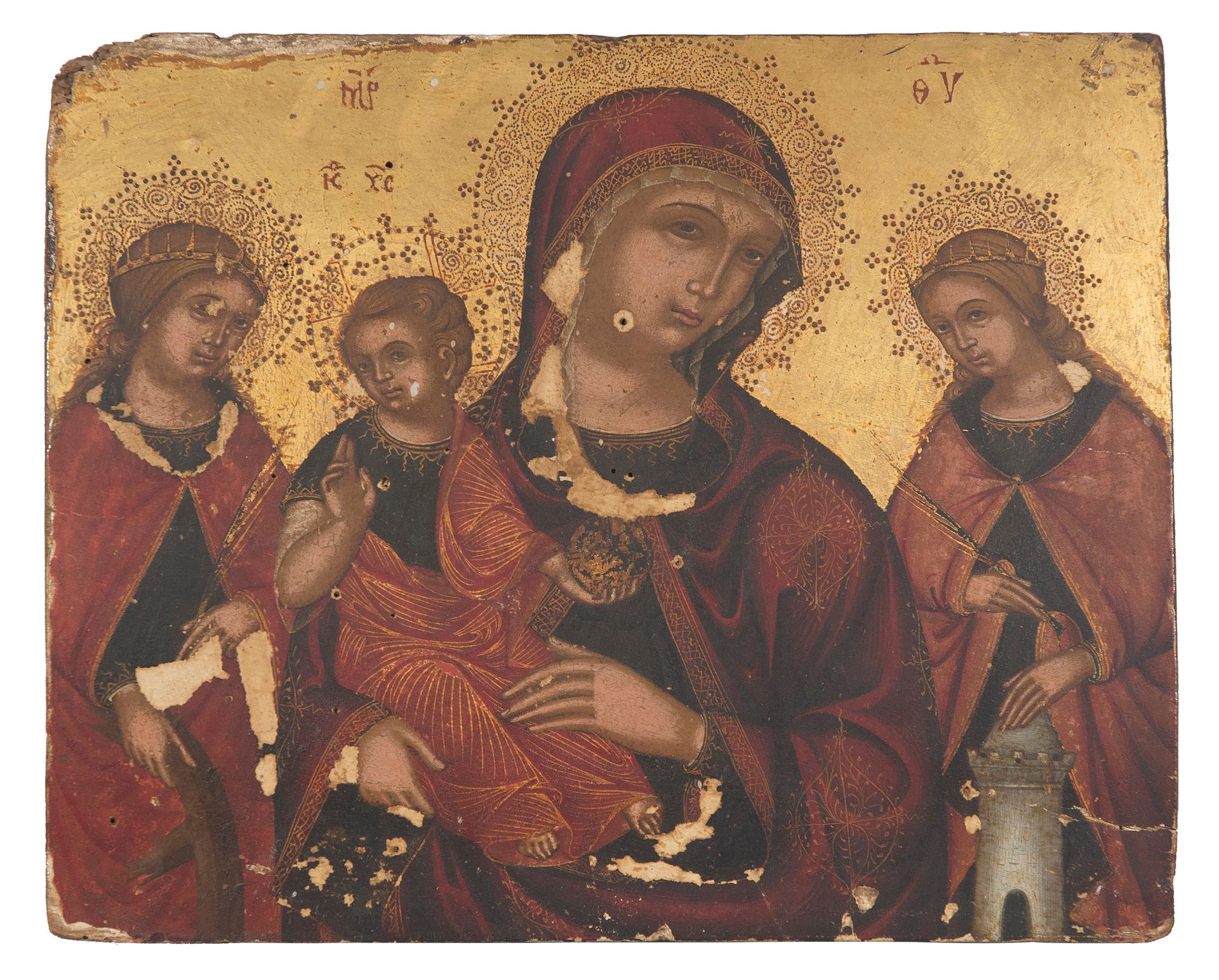 Venetian artist of the Venetian-Cretan School. Circa 1500. 
"圣母玛利亚与基督儿童、圣巴巴拉和亚历山&hellip;