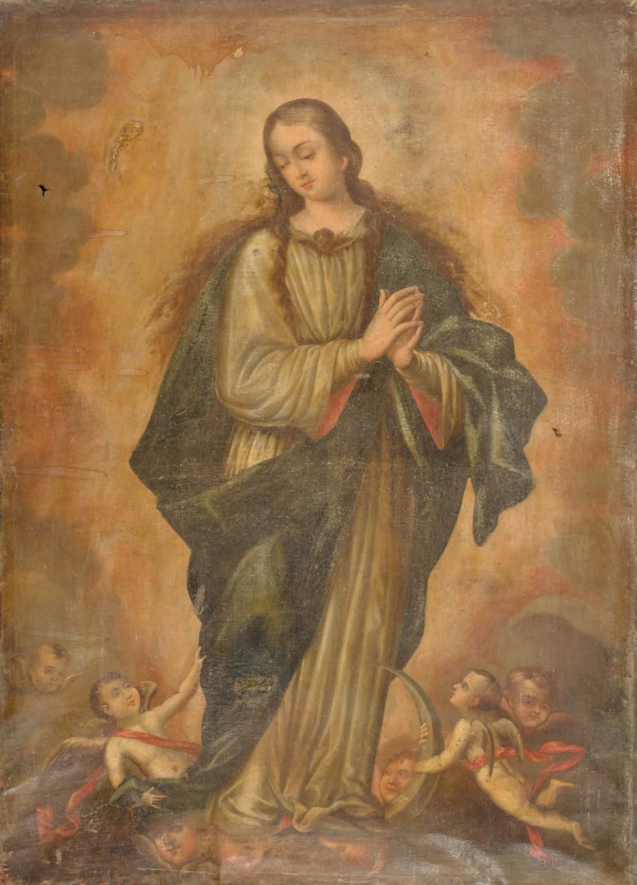Escuela española, s. XVIII Inmaculada
Olio su tela
147 x 104 cm
Desperfectos.
