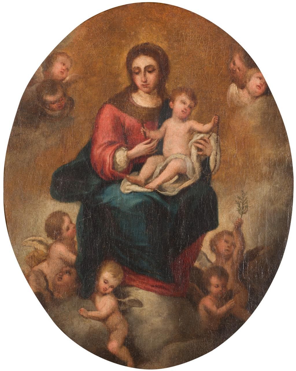 ESCUELA ESPAÑOLA S. XVIII Notre Dame du Rosaire 
Huile sur toile
50,5 x 41 cm