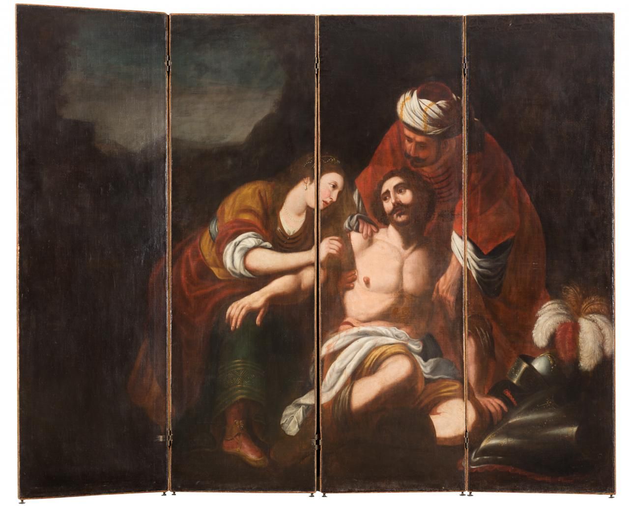 ESCUELA ITALIANA, S. XVII 圣-塞巴斯蒂安被圣-艾琳接见
改编成四张屏风的布面油画
总尺寸：185 x 228厘米/张：185 x 57&hellip;
