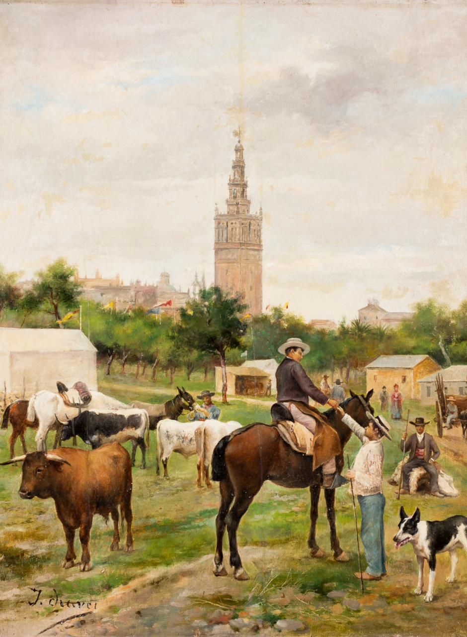 JOSÉ CHÁVEZ ÓRTIZ (Sevilla, 1839 - 1903) Feria del Ganado de Sevilla
Olio su pan&hellip;