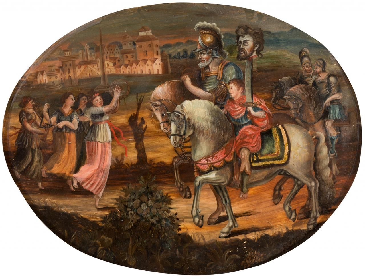 ESCUELA ESPAÑOLA S. XVIII Le triomphe de David
Huile sous verre
33 x 42 cm