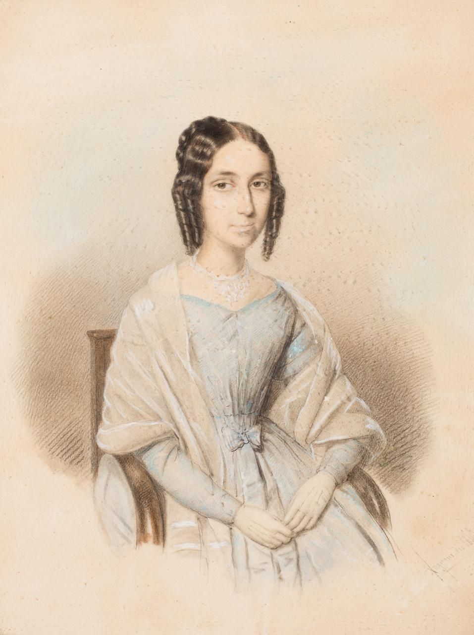 Escuela española, s. XIX 女性肖像
纸上铅笔和粉笔画
36 x 28 cm
右下角有签名和日期1845。